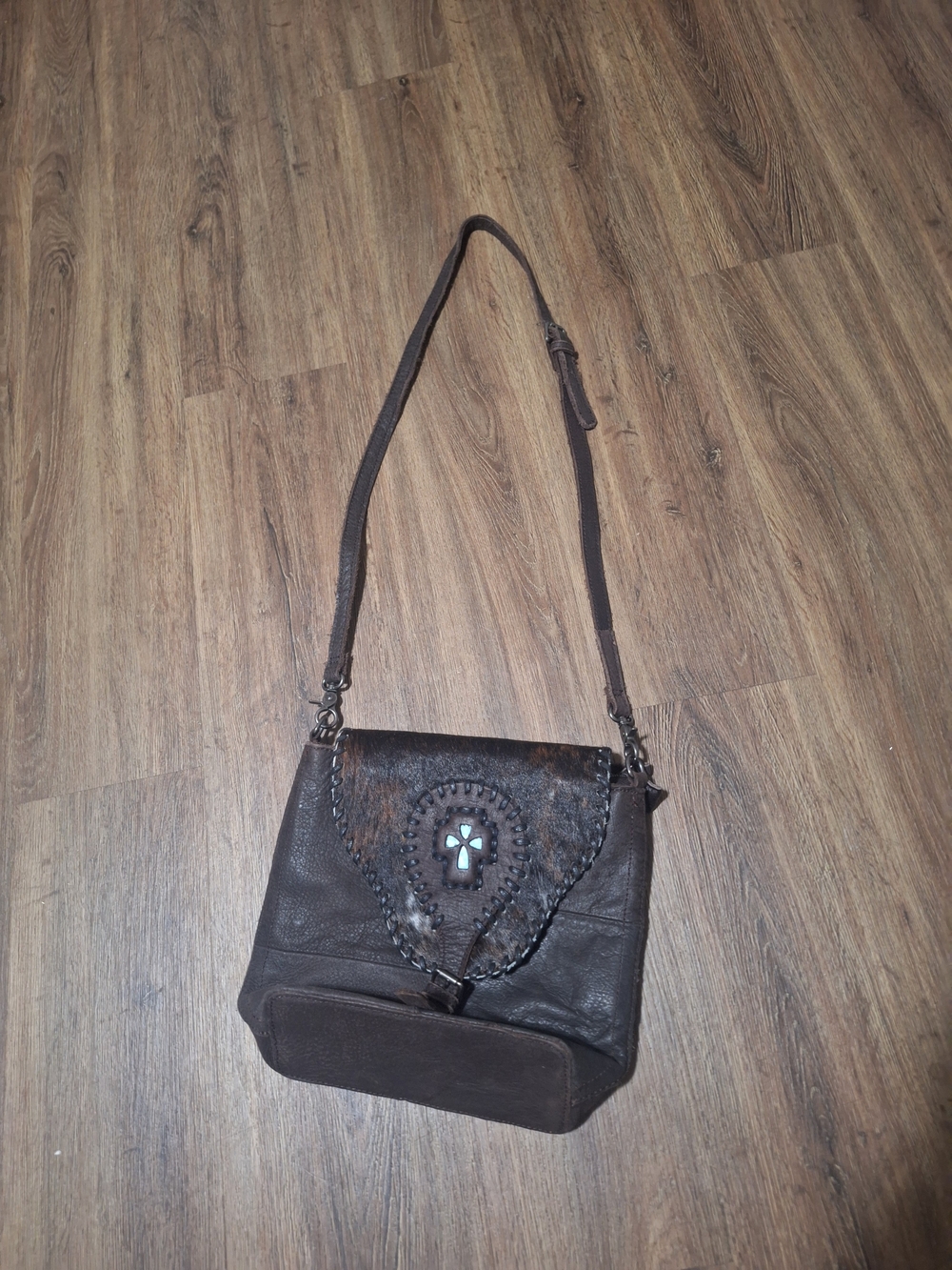 Dark Brown Leather Crossbody Bag with Turquoise Accent And Cross